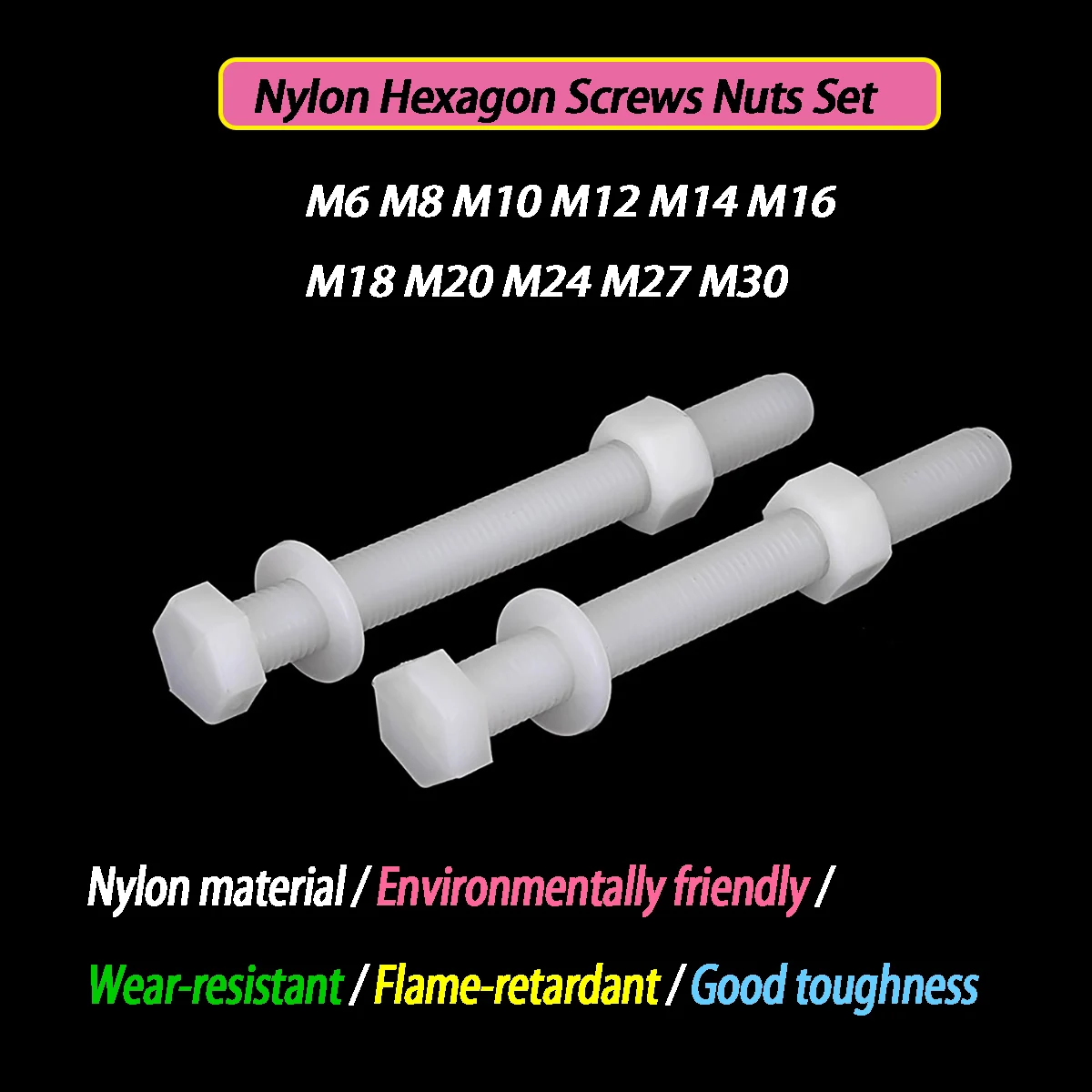M6 M8 M10 M12 M16 M20-M30 Nylon Hexagon Screws Nuts Set Plastic Enlarged Screw Rod Long Bolts Assortment