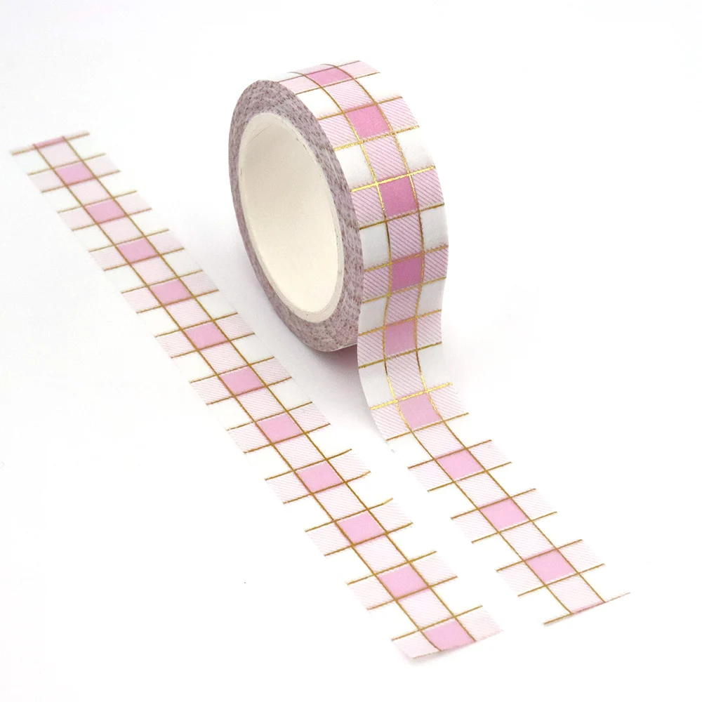 NEW 1PC 15mm*10m Gold Foil Buffalo Plaid Pink Stripes Decorative Washi Tape Stationery Colourful Tape Office Supplies