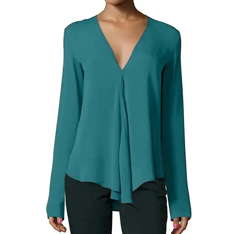 Women Chiffon Blouses V Neck Solid Color Pullover Ruffles Edge Shirts Breathable  Long Sleeve Casual Blouse 2024 Summer