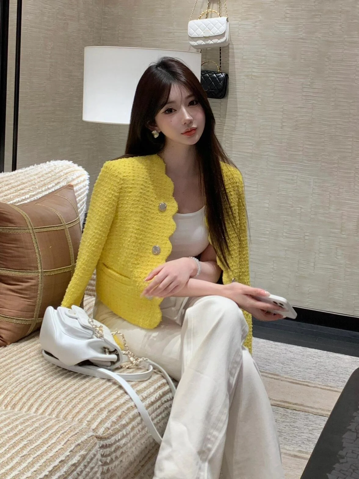 

Желтый стеганый ор-джет Женская осенне-зимняя мода Ele Personali Уникальная красивая этикетка небольшого размера