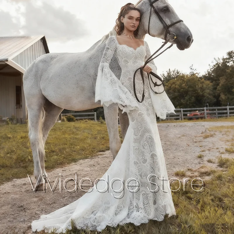 Fishtail Elegant White Rustic Lace Wedding Dresses V Neck Flared Long Sleeve Trailing Floor Length Bridal Gowns Customized