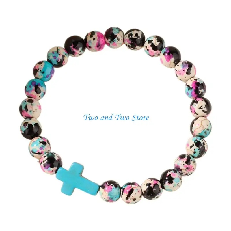 

HX6F Bohemian Styles Crosses Beaded Bracelet Colorful Stone Women Jewelry Faith Gift