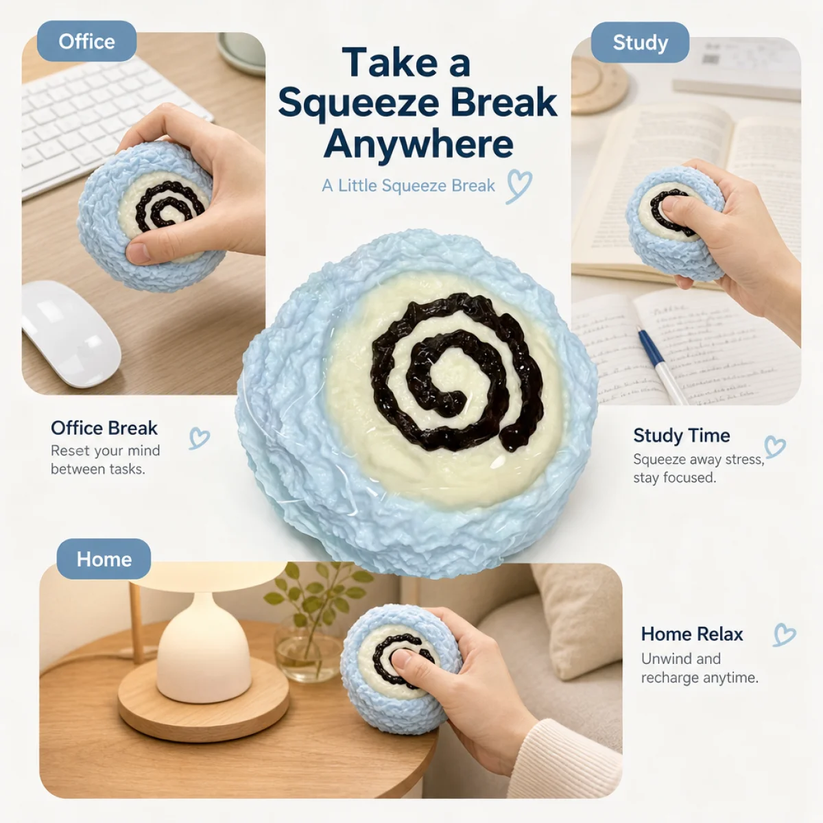 Food Grade Spiral Cream Bun Squishy Toy Light Blue Textured Pastry With Chocolate Swirl Decor Slow Rebound Squeeze Toy For Kids