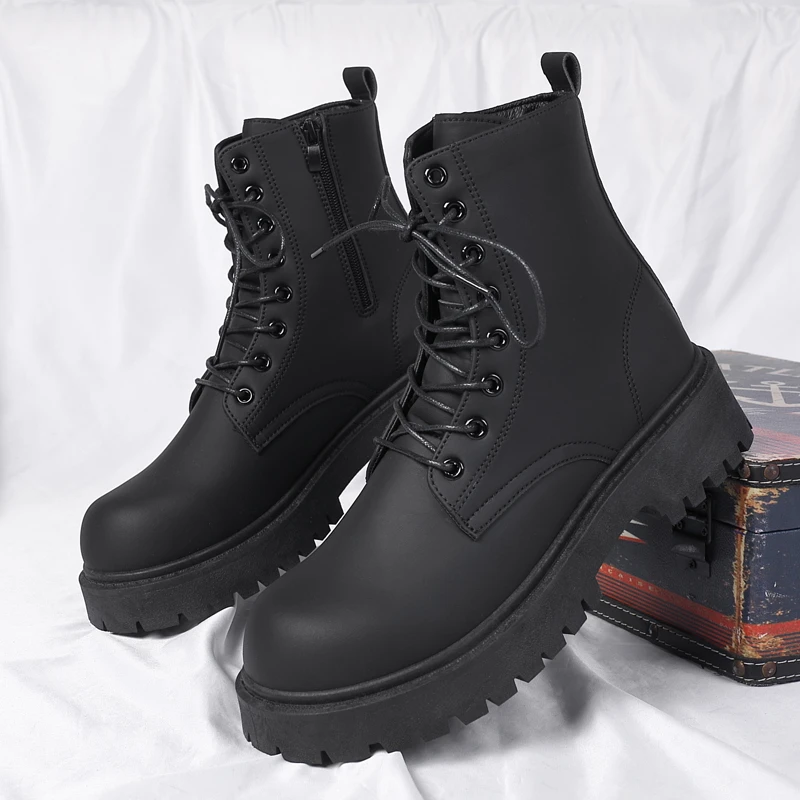 Men\'s Workwear Boots Autumn British Style Retro Round Head Solid Colour Footwear Lace Up Walking Shoes Ride Long boots