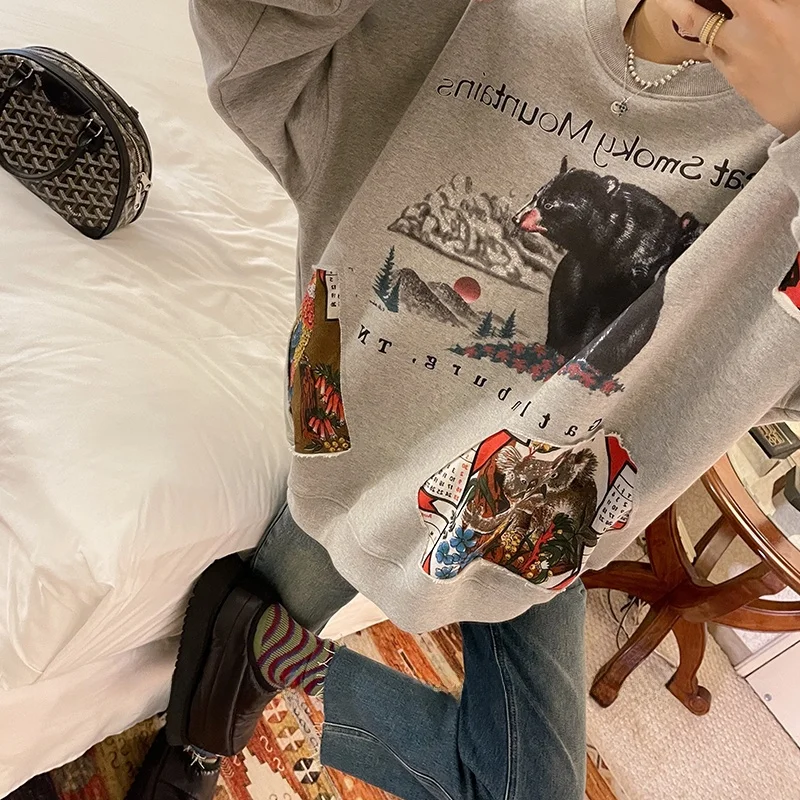 

Винтажная толстовка VIMAS свободного кроя с принтом, из плотного хлопка, с длинными рукавами, круглым вырезом и нашивками