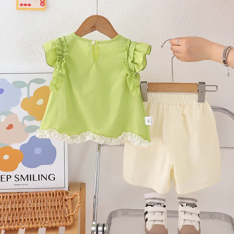 Todder Girls Summer Suit 2025 New Children's Flower Lace Flying Sleeve Vest and Shorts Two Piece Set 0-5 Years Baby Girl Clothes