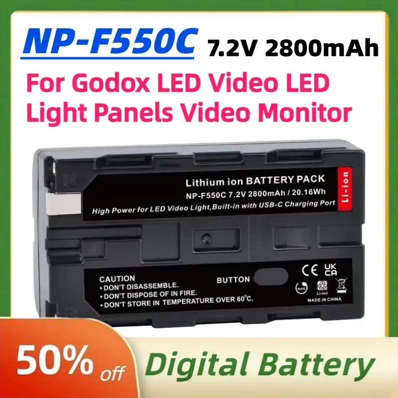 NP-F550C NP-F550 F570 Battery 7.2V 2800mAh with USB-C Fast Charge Port for Godox LED Video Light LED Light Panels Video