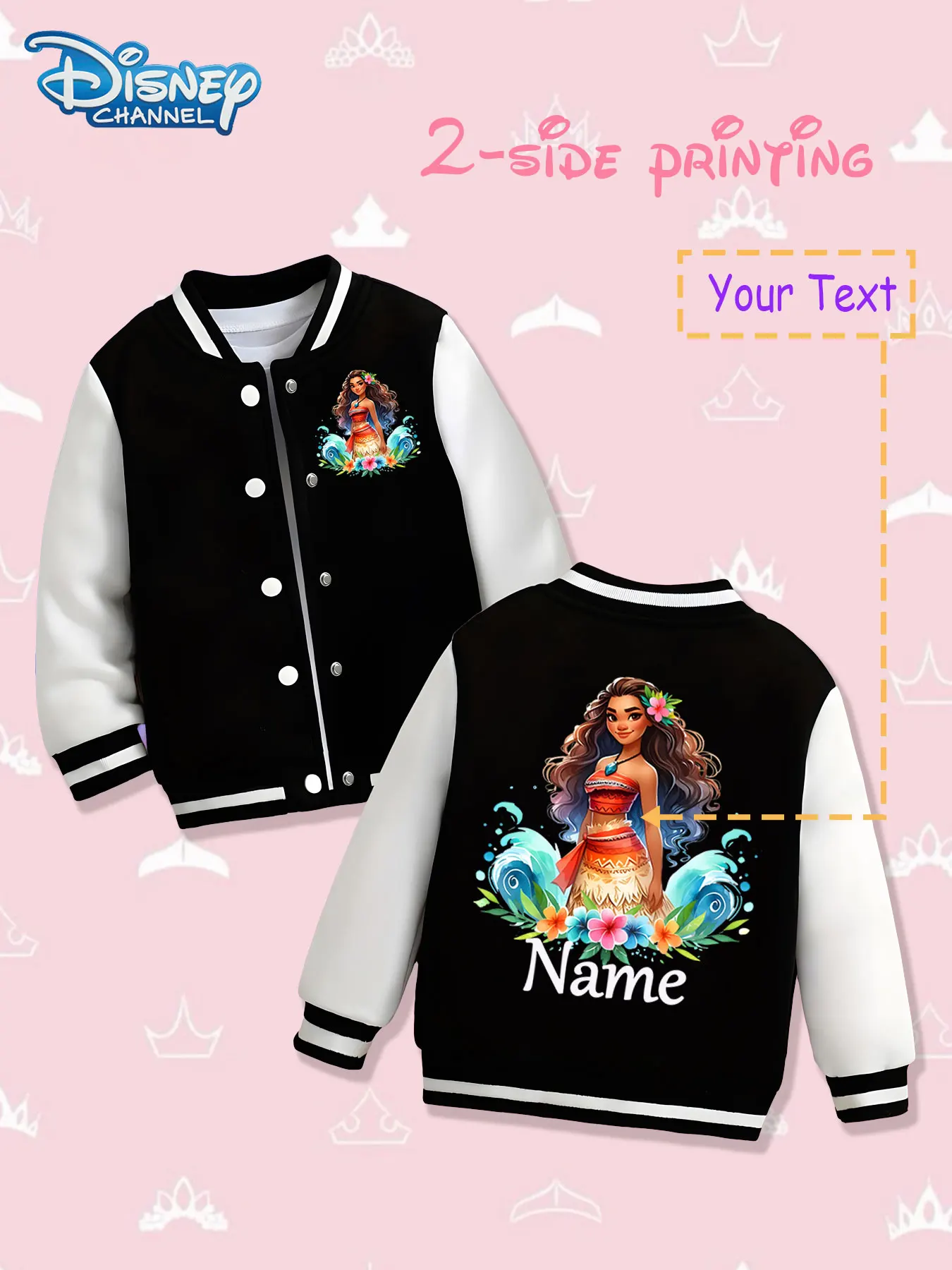 

MINISO Disney Moana Ocean Style Children's Baseball Jacket - Double-sided printing presents Moana and the shape of waves and flo