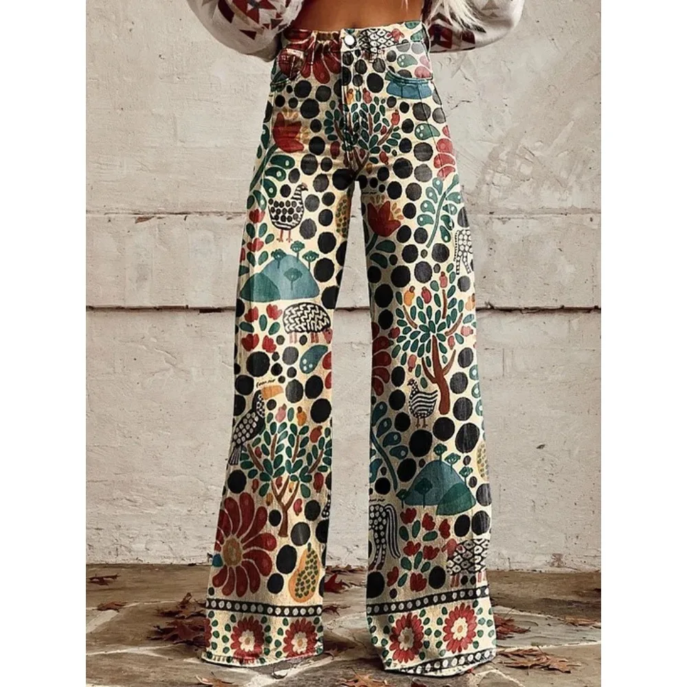 Harajuku Bohemian Art Print Palazzo-Hose mit hoher Taille und weitem Bein, Baumwolle, lässige, locker sitzende Hose mit Taschen, Damen-Punk-Hose – Detail 10