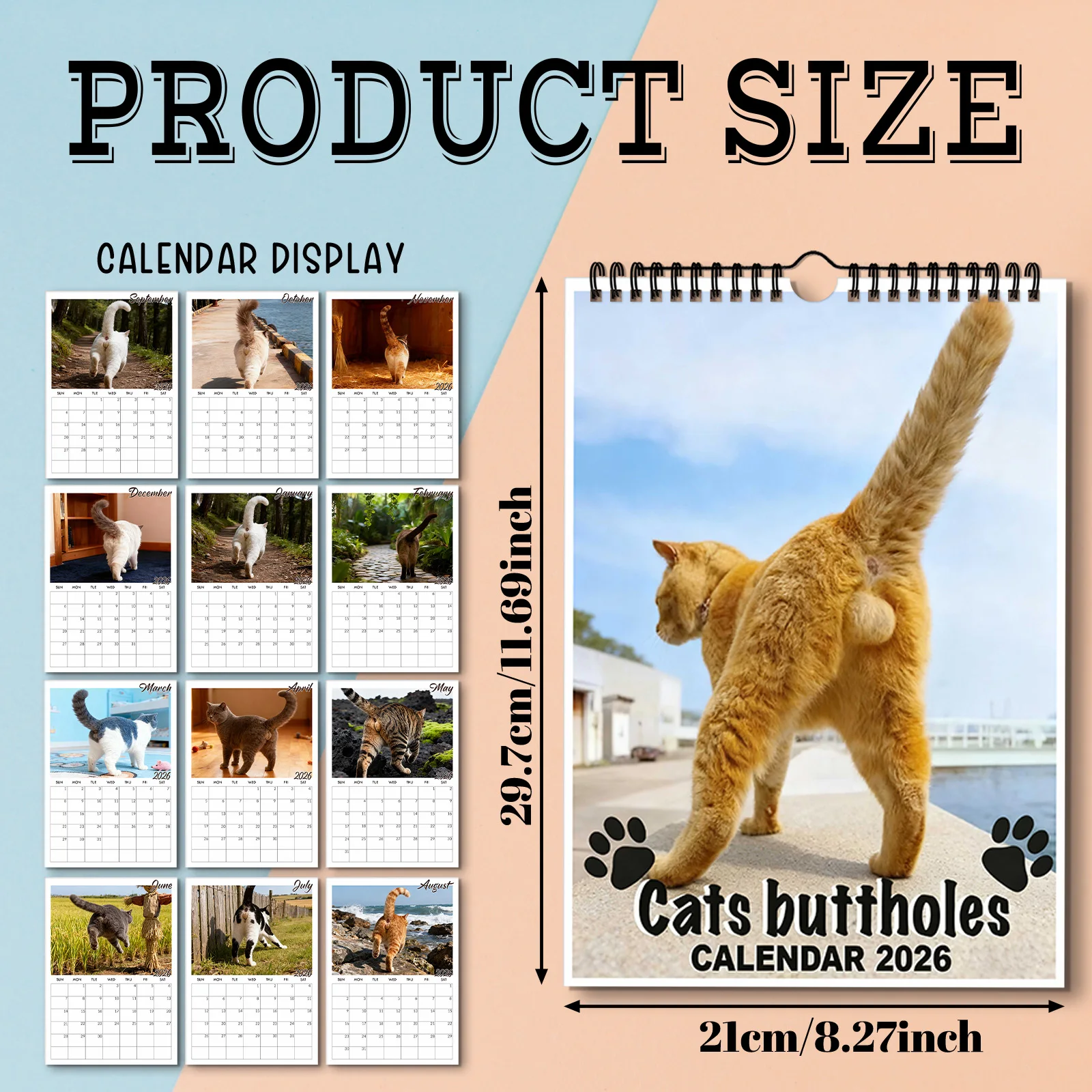 Calendrier mural humoristique sur le thème des fesses de chat 2026, idéal pour la décoration de la maison et l'organisation quotidienne, calendrier mural amusant, 1 pièce