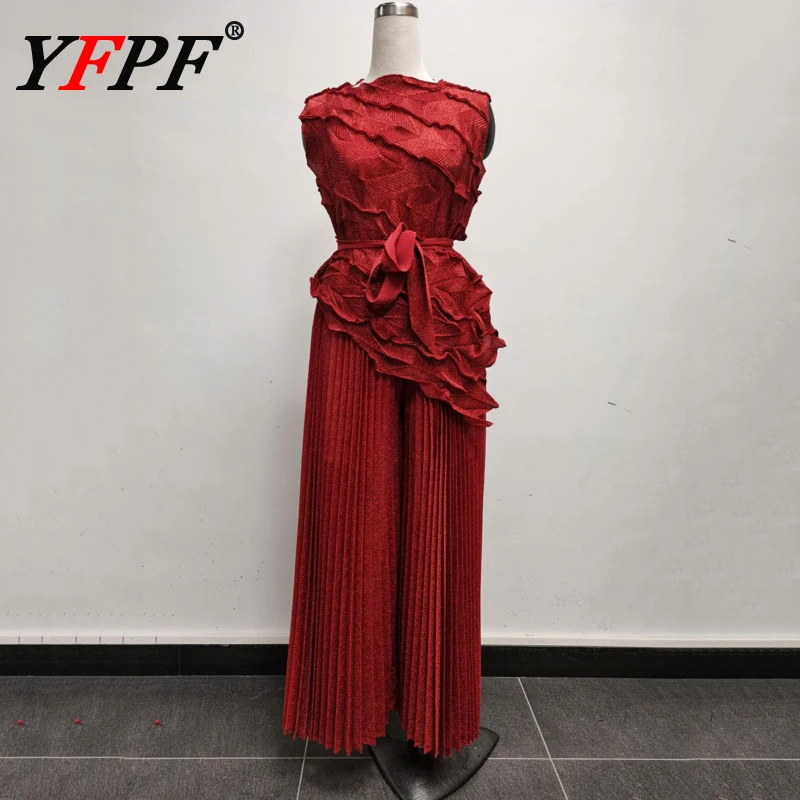 

YFPF Summer 2025 Fashion Miyake Pleated Set Women Irregular Design Sleeveless Belt Tops + Folds Wide Leg Trousers Clothing 3A143