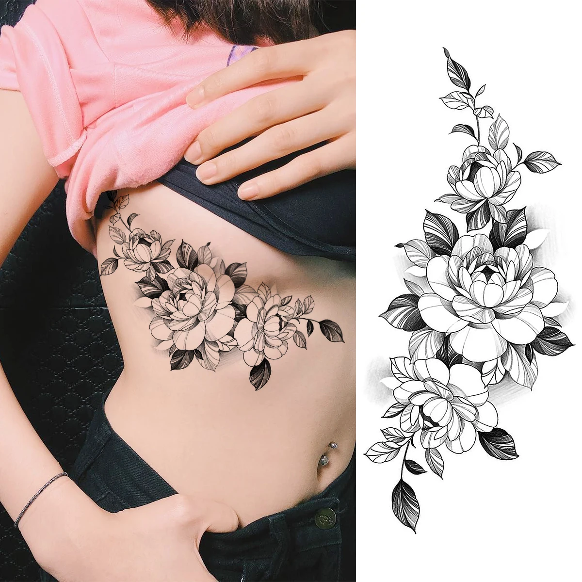 Rose Flower Temporary Tattoos For Women Black Daisy Snake Fake Tattoo Sticker Feather Large leaves Waterproof Tatoo Bady Armband