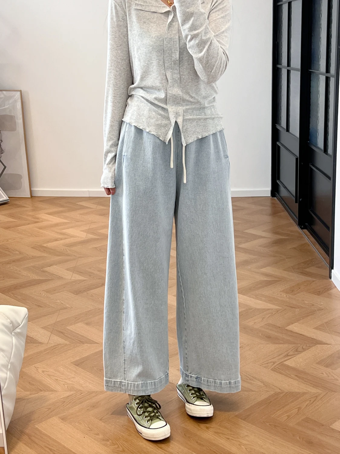 

High Waist Cotton Jeans Women's Loose Fit Straight Leg Nine-Tenths Length Washed Craft Wide Leg Pants Spring Season Ladies