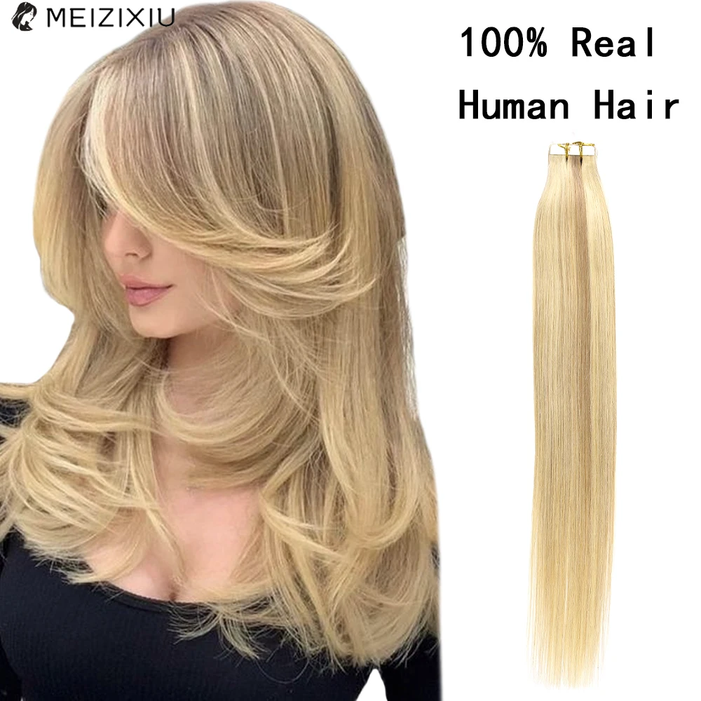 

Blonde Highlight Tape in Human Hair Extensions 100% Real Hair 14-24 Inch 20pcs 50g/pack Straight Seamless Skin Weft For Woman