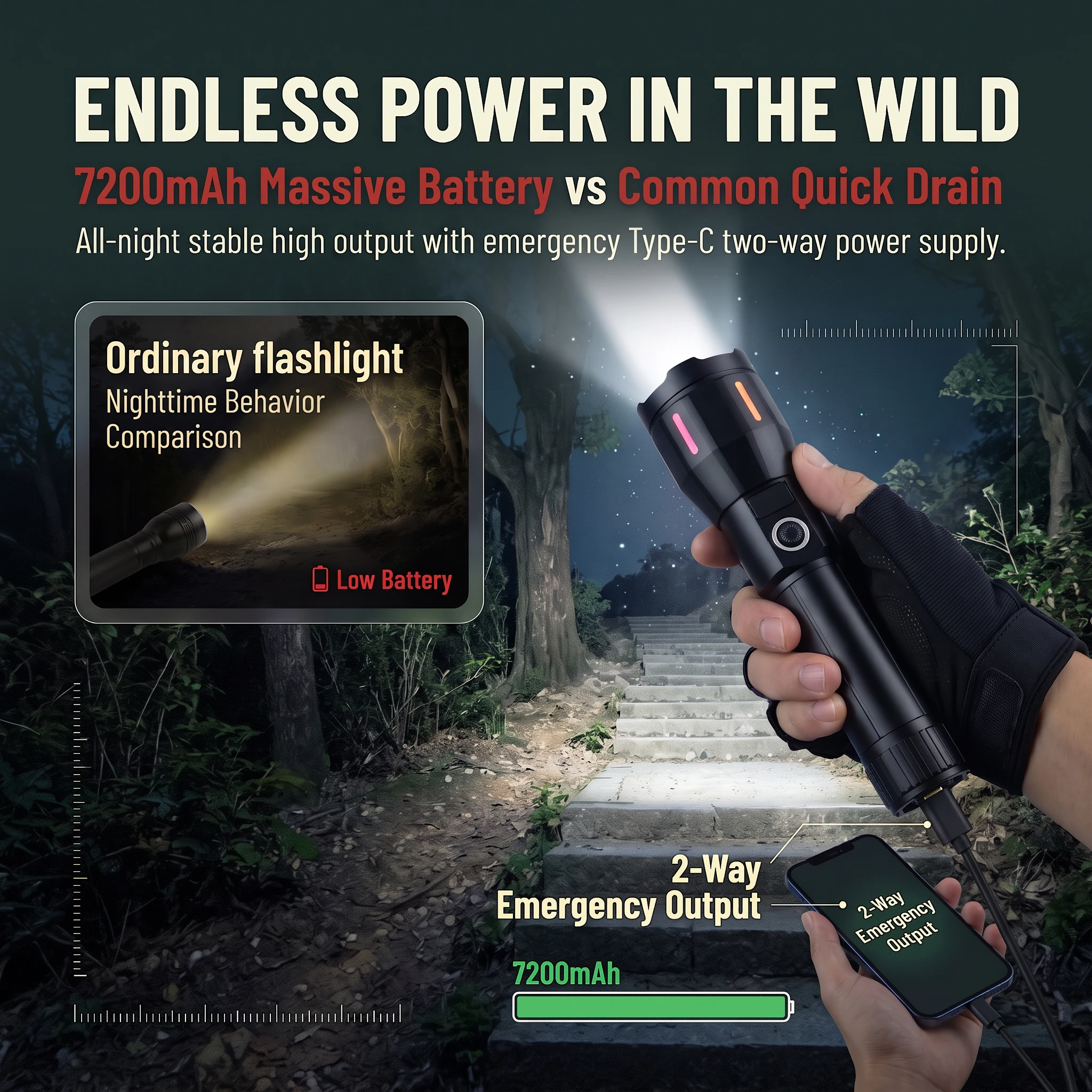 20W Outdoor high-brightness 5050 Type-C multi-functional handheld flashlight made of aluminum alloy with variable focus function