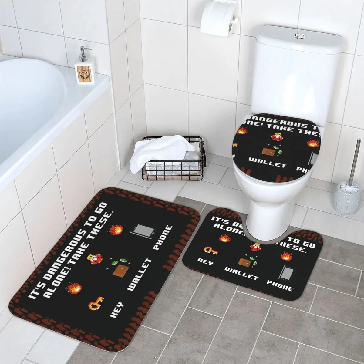 

Its Dangerous To Go Alone Take These 3 Piece Bath Mat Bathroom Set Toilet Lid Cover Home Decor Non-Slip Carpet Floor Rug
