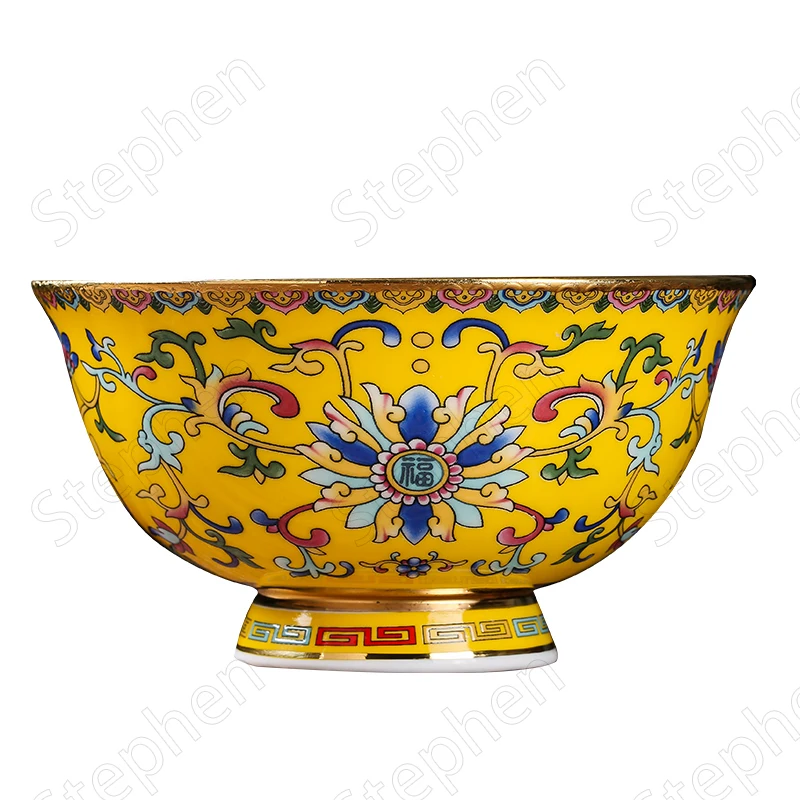 Classical Gold Stroke Enamel Ceramic Bowl Chinese Vintage Palace Tall Large Bone China Ramen Bowls Paint Tangle Flower Tableware