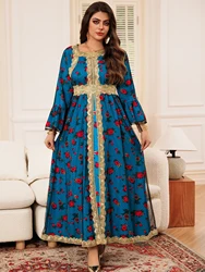 Abito da donna stampato con giunture a rete blu Dubai musulmani dorati medio oriente arabo per la festa elegante abito da donna di lusso Abaya sciolto