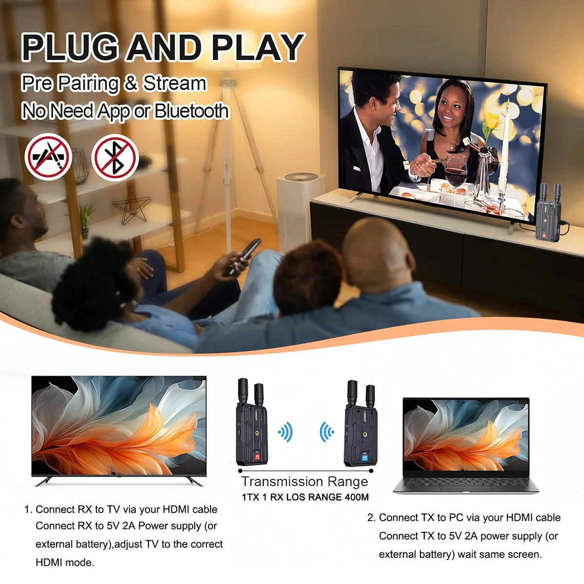 Wireless HDMI Transmitter and Receiver 4K Dual Display Extender 400m Support Battery Camera Live Streaming Laptop To TV Monitor