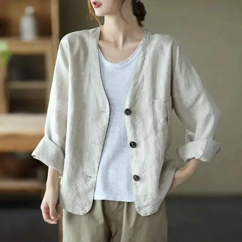 

Women's Spring Autumn V-neck Long Sleeved Cotton Linen Cardigan Fashion Casual Versatile Coats Loose Fashion Elegant Lady Tops