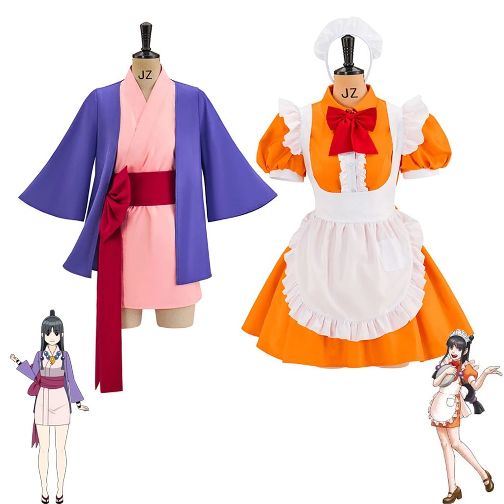 Ace Attorney Maya Fey Cosplay Costume Purple kimono Set Orange Lolita Dress Maid Costume Set Women Halloween Party Clothing