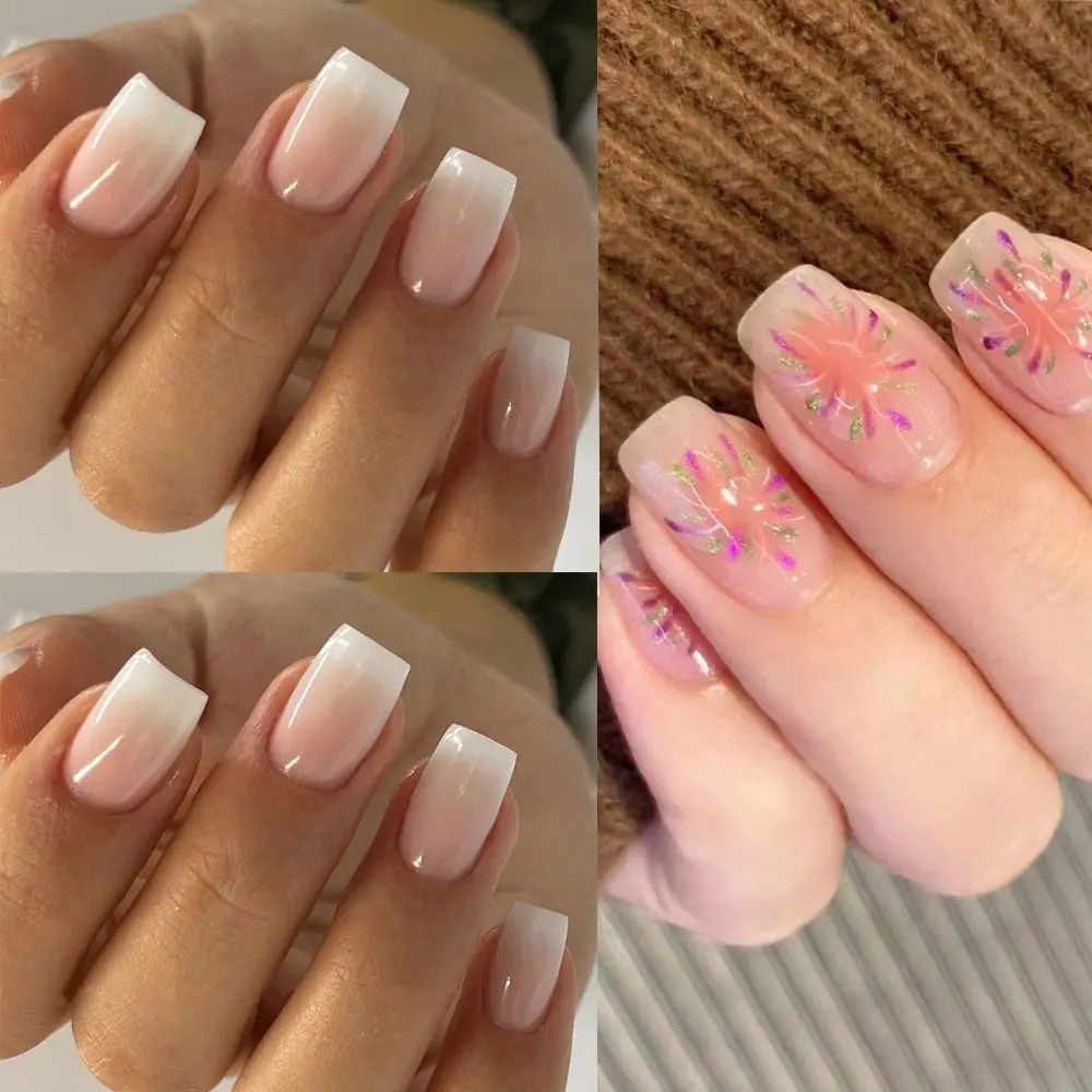 New Long Square False Nails Colorful Firework French Press on Nails Detachable French Pink White Gradient Nail Tips DIY