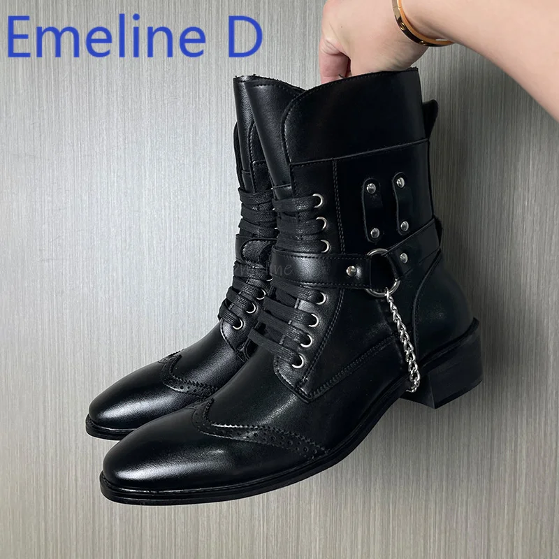 

Pointed Side Zipper Short Boots Fashionable Belt Buckle Decoration Monochrome Front Tie Height Increasing Casual High Top Boots