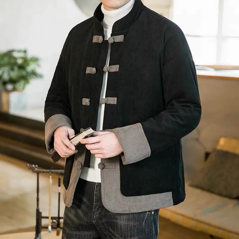 

2025 New Handsome Men's Chinese Style Tang Suit Jacket with Color Blocked Buckle and Thickened Warm Coat Female Clothing