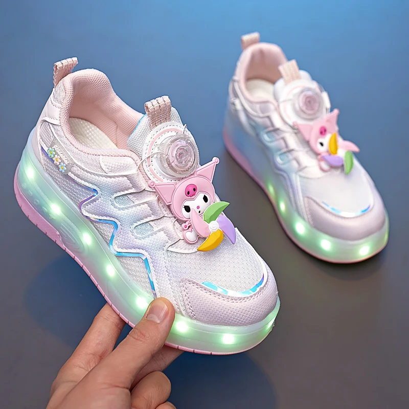 Kids Sneakers Two Wheeled Sports LED Shoes Rotating Button USB Charging Breathable Training Roller Skating Shoes for Children