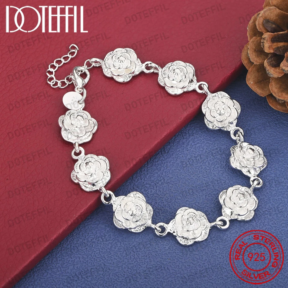 925 Sterling Silber 8 Zoll Wunderschönes Durchbrochenes Kamelien-Armband Modischer Damen-Schmuck für Partys und Hochzeiten