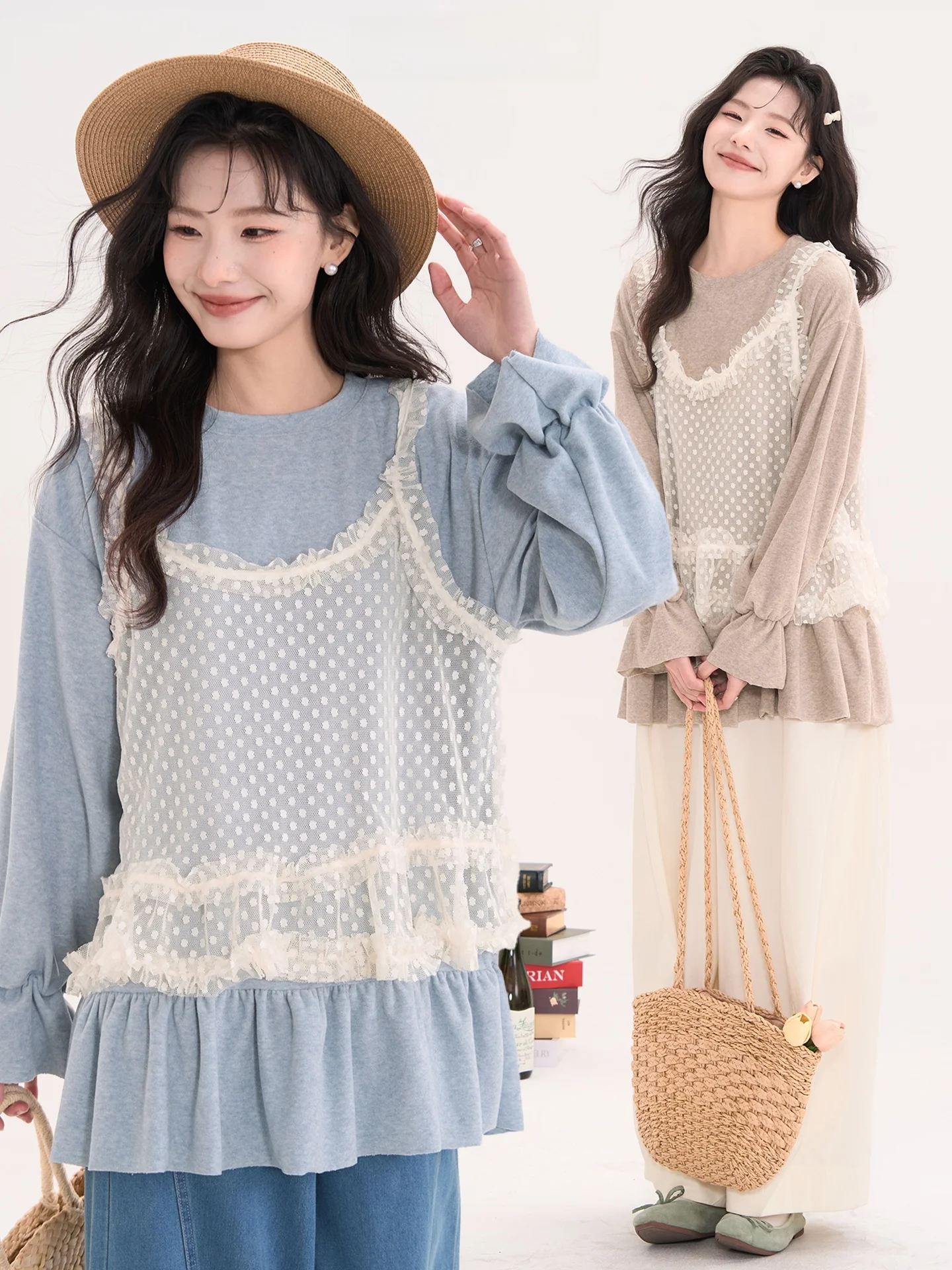 

Heme Floral Field Window Clear Breeze Long Sve Polka Dot Me Vest Cover up Set Furry Casual Loose Fit Women's T-irt