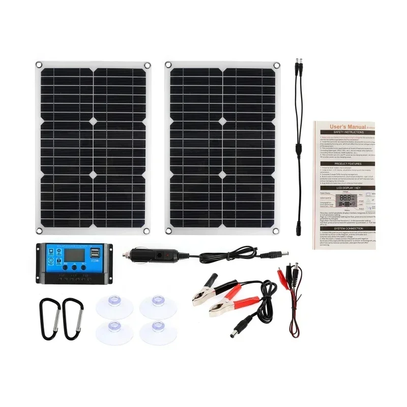 180W 12V Solar Panel + 20A Solars Charger Controller Set Single/Dual USB Port Off Grid Monocrystalline Module for Phone Camping