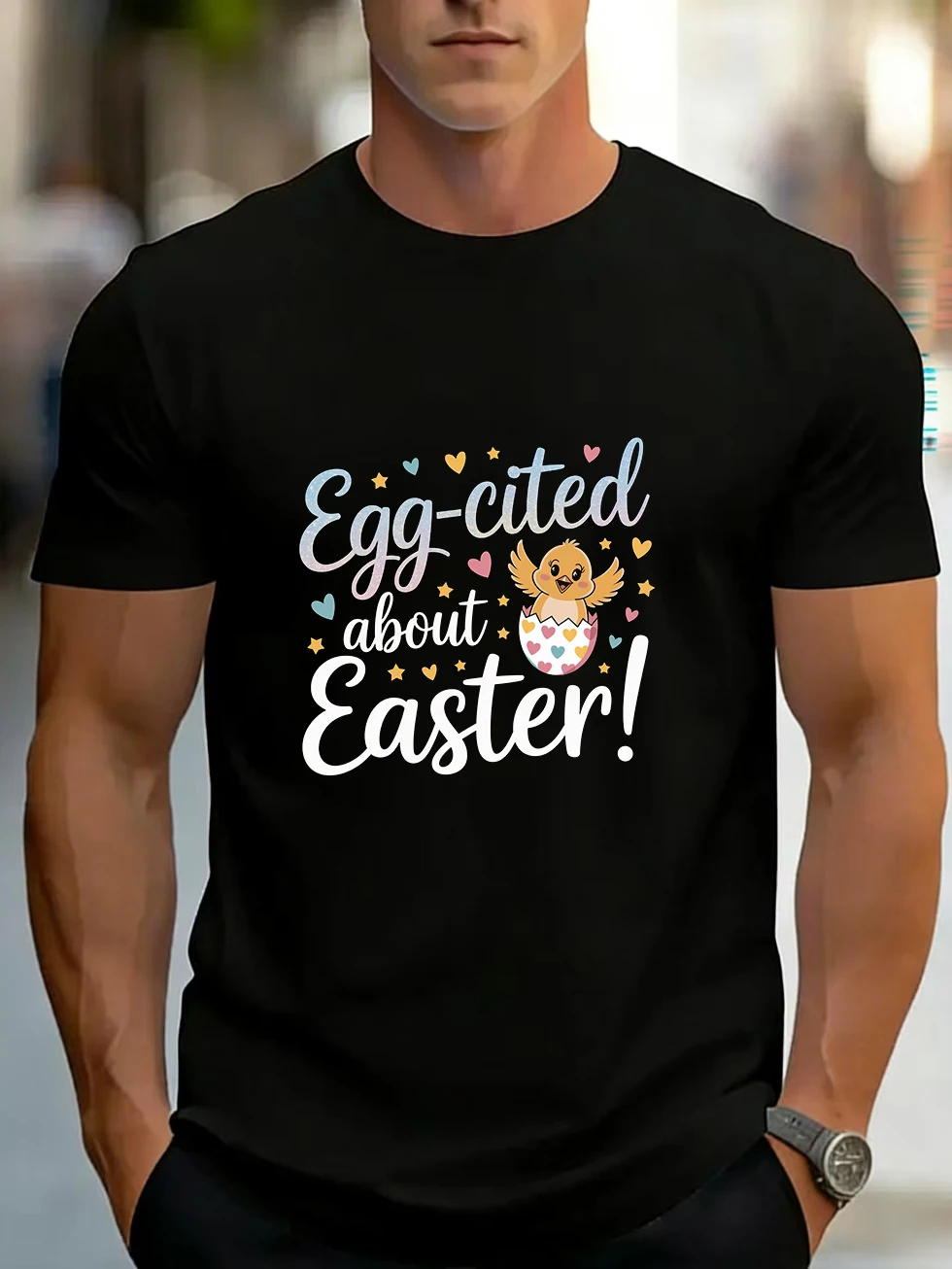 Men's Short-Sleeved T-Shirt Easter Egg-Cited Cartoon Chick Gradient Font Same Style for Men and Women Couples Pure Cotton