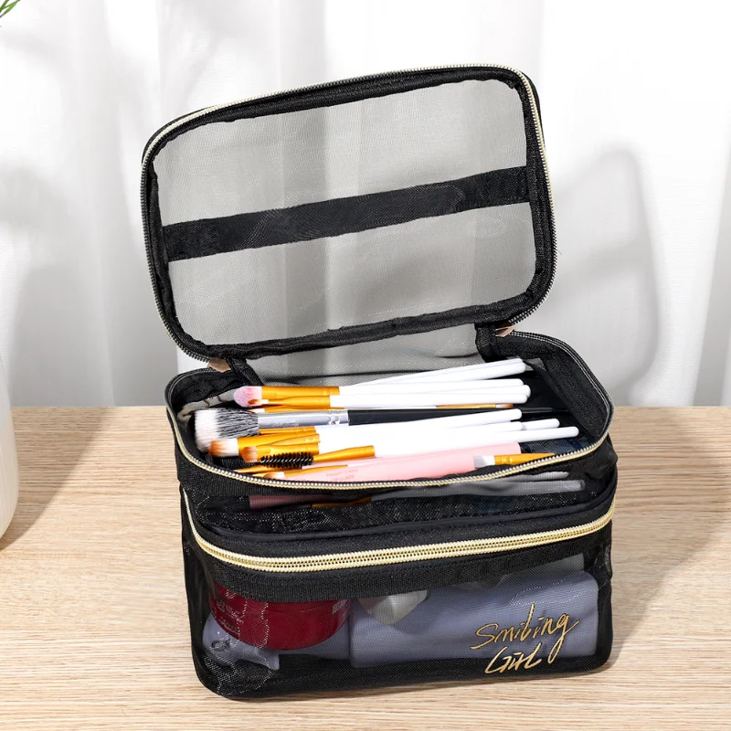 Casual Zipper Toiletry Wash Bags Simple Black Mesh Makeup Case Organizer Storage Pouch Make Up Women Travel Cosmetic Bag Package