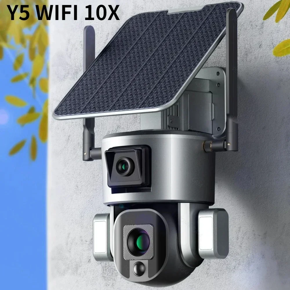 Solar Camera Y5 WIFI 10X Optical Zoom Dual camera HD Dual Scrceen IR Night Vision Humanoid Tracking PTZ Security Outdoor Camera