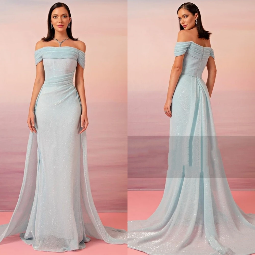 Evening Jersey Draped Graduation A-line Off-the-shoulder Bespoke Occasion Gown Long Dresses Saudi Arabia