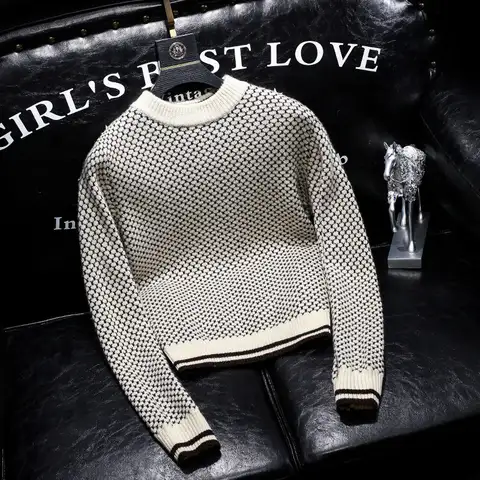 한국 패션 가을 겨울 새로운 스웨터 남성 오-넥 Houndstooth 하이 스트리트 캐주얼 긴 소매 루즈 풀오버 니트 탑