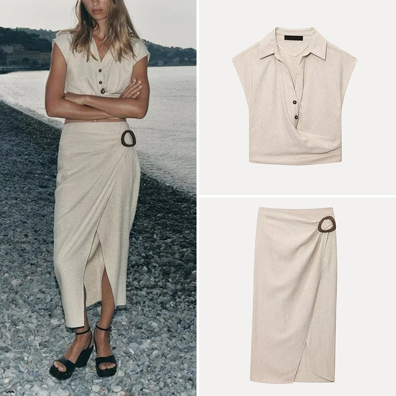 

Z Women's Faion Set Summer 2025 Svel Ne Long Pants with Button Detail Midi Skirt And Top Two-Piece Ensemble