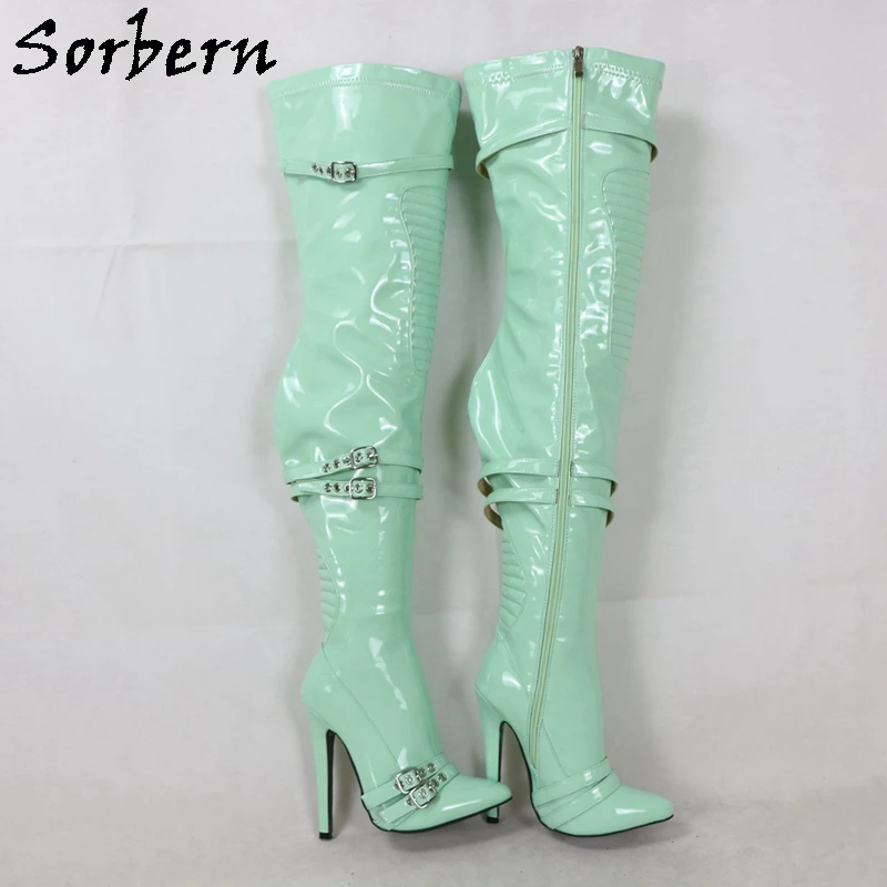 

Sorbern Mint Green Over The Knee Boots Women Fetish High Heel Stilettos Inside Zipper Multi Straps Pointed Toe Custom Wide Fit