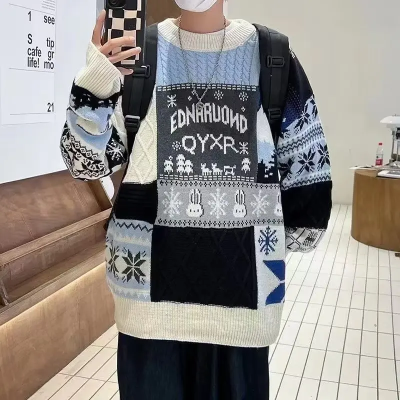 

2025 New Knitted Color Blo Sweater Cisas loween Loose Lazy Sle round Ne Embroidered Contrast Color Men's Sweater