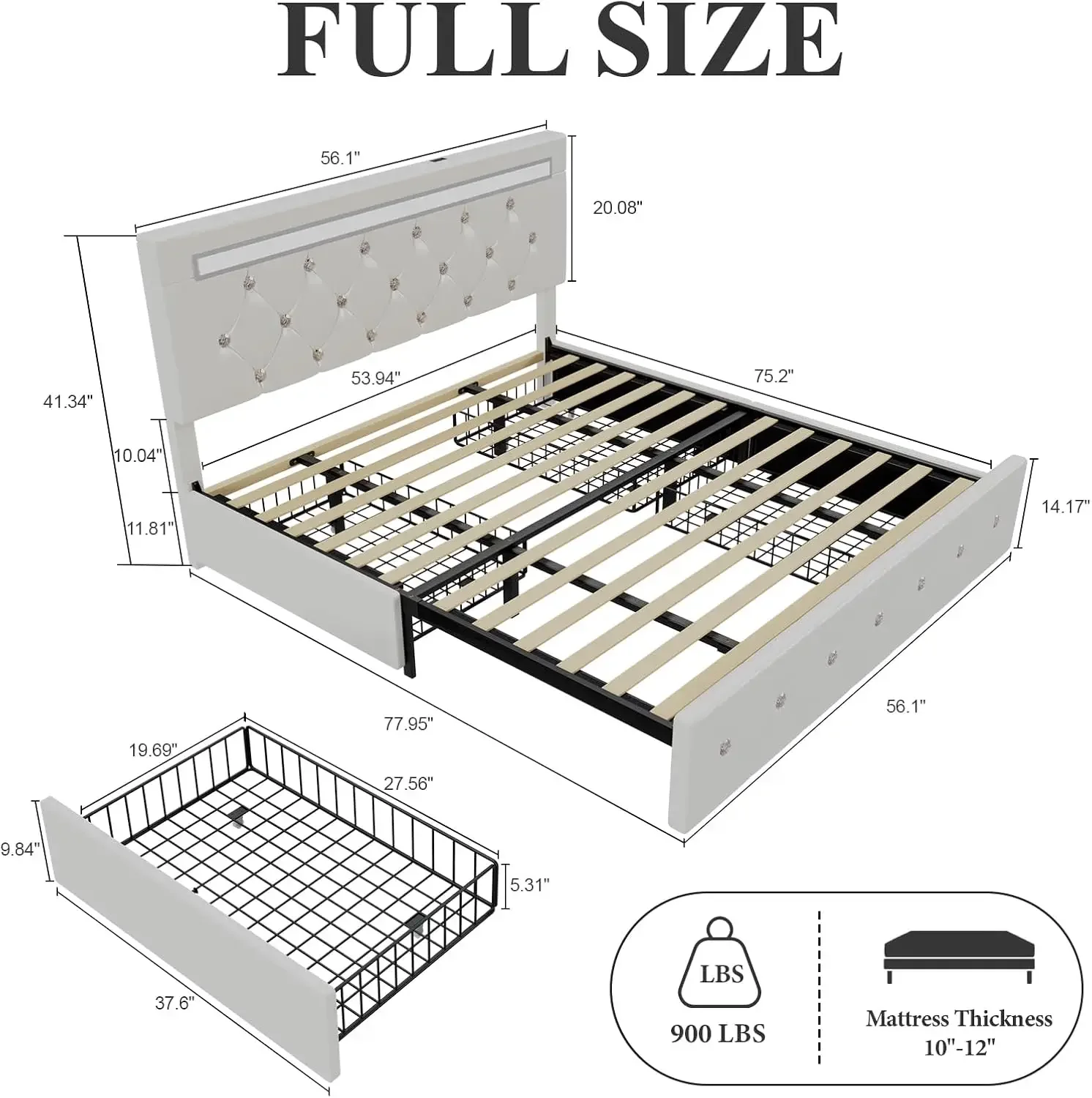 Full Size with LED Light and Storage Drawers, Adjustable Headboard with PU Leather Upholstered, 2 Sockets and 2 USB Ports, No Bo