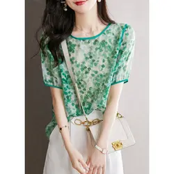 2022 Summer New Women's Clothing Korean Round Neck Printing Chiffon Shirt Fashion Casual Short Sleeve Spliced Lacing Blouses