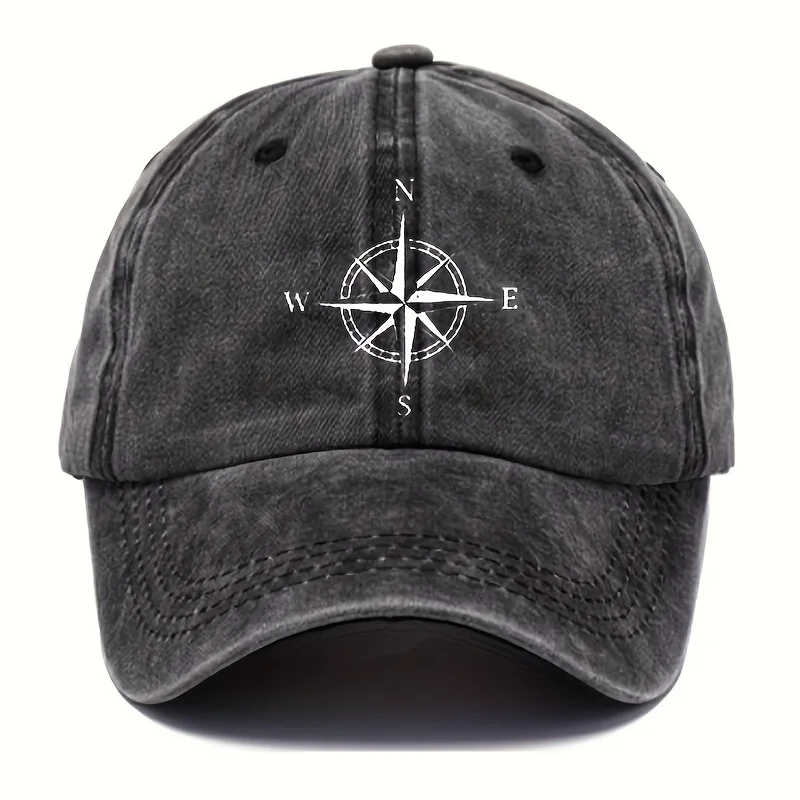Vintage Washed Cotton Baseball Cap With Compass Print, Unisex Old Daddy Hat With Sun Protection, Adjustable Holiday Themed Casua