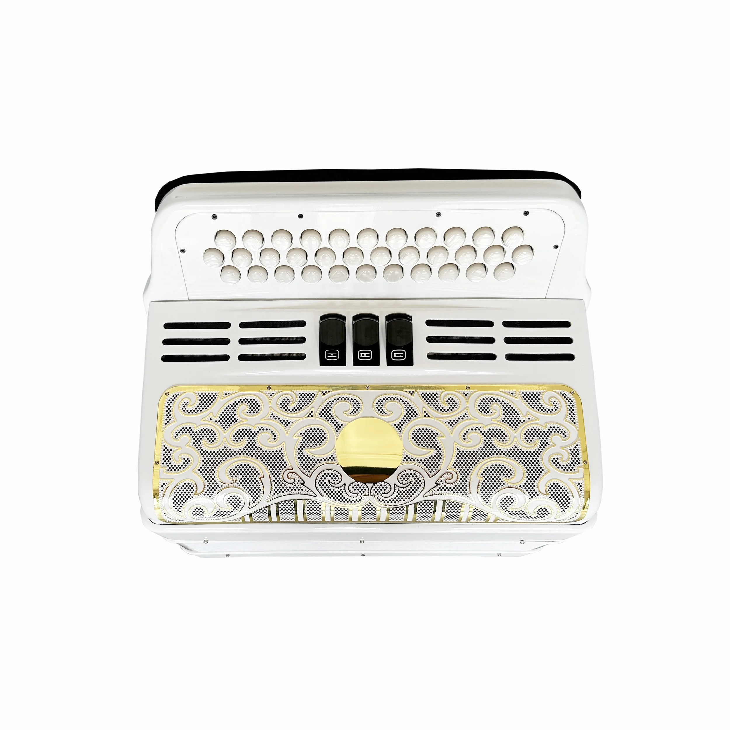 Diatonic Accordion 34-Button 12-Bass 3-Registers Bright White Body with Gold Grill White Buttons JB3412C Made of Wood