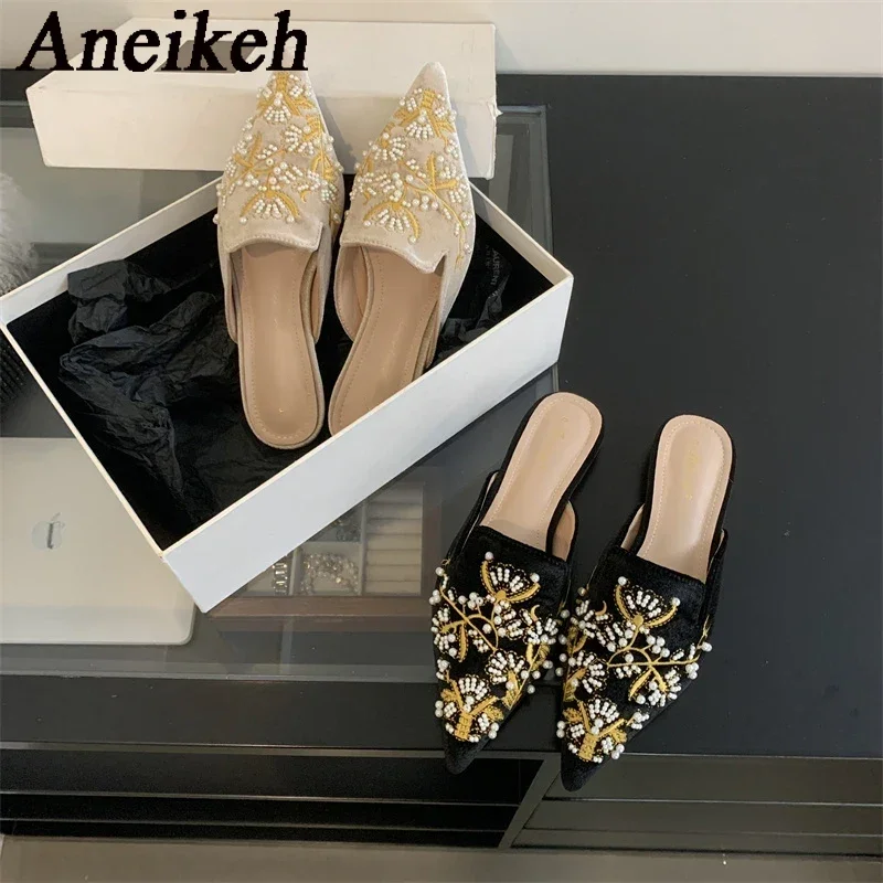 Aneikeh Summer Women Flat Slippers Pointed Bead Embroidery Roman Style Shallow Mouth Velvet Mules Shoes Slip on Female Slides