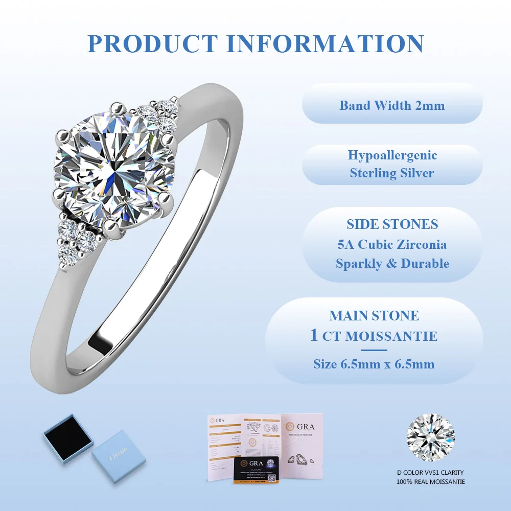 

CLYSSIA Lab Grown Diamonds 925 Sterling Silver 1.0 CT Moissanite Ring 18k White Gold Plated Elegant Bride Jewelry Gift for Her