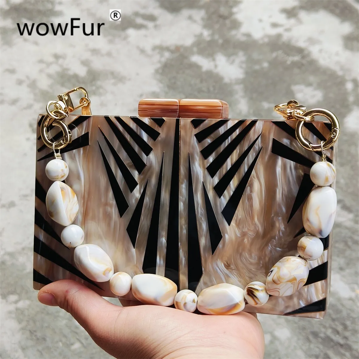 Marble Light Brown Geometrical Acrylic Box Clutches Evening  Purses And Handbags Wedding Party Mini Flap Wallet For Lady Gift