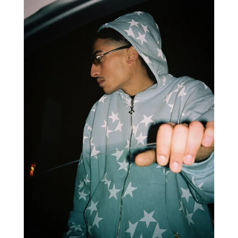 Vintage Star Pattern Hoodie Women Men Fairy Grunge Long Sleeve Zipper Jacket Harajuku Oversize Sweatshirt Streetwear Y2K Clothes