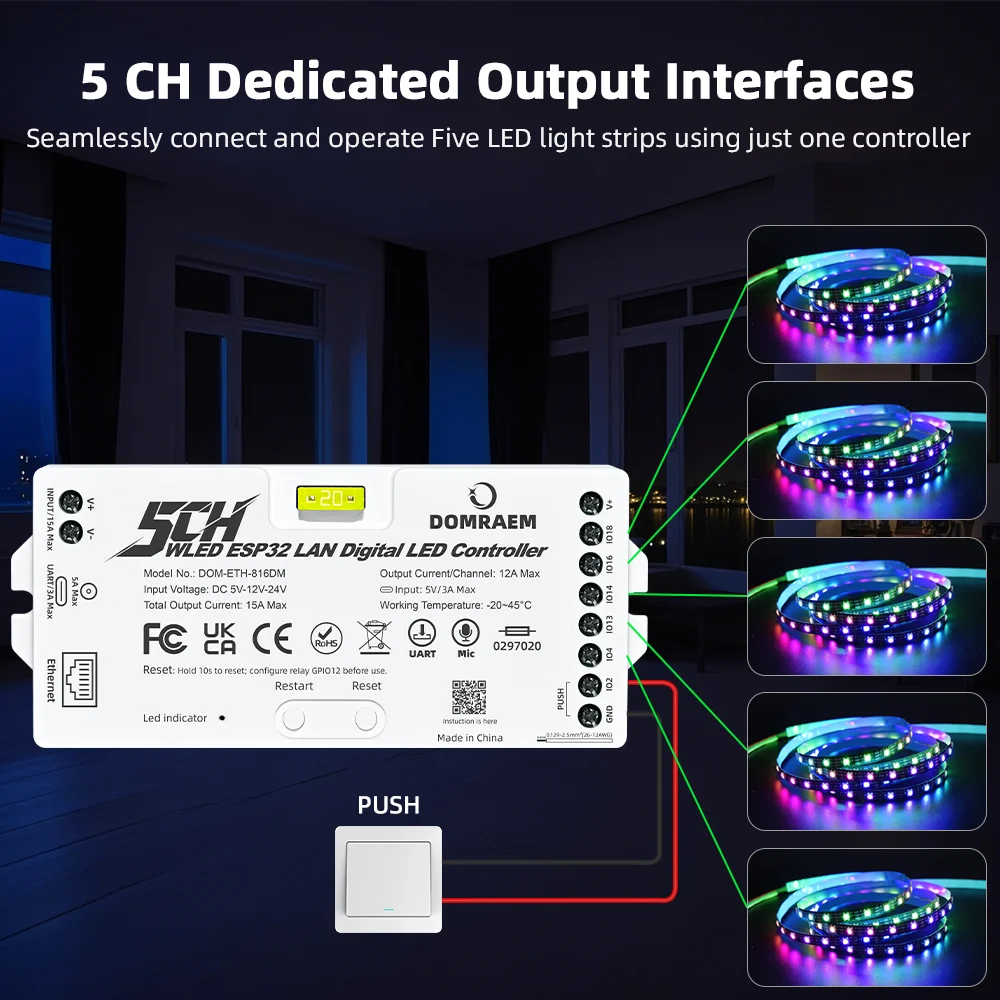 DOMRAEM Elite 4/5CH Ethernet WLED Controller Dynamic Modes Built-in Mic UART Type-C Flash WS2812B SK6812 WS2815 Addressable LED