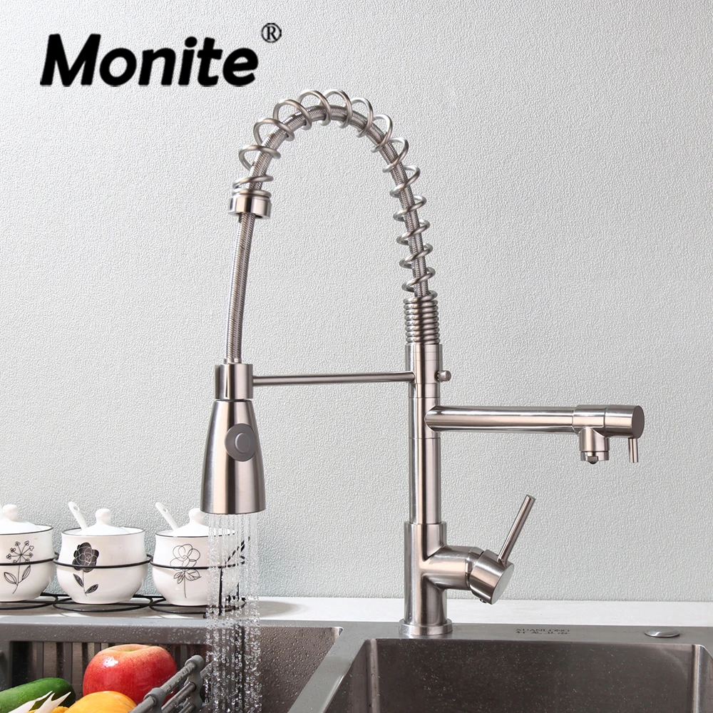 Monite Nickel Brushed Kitchen Faucet Deck Mounted Pull Out Dual Spout 360 Degree Rotation 2 Functions Kitchen Sink Hot Cold Taps